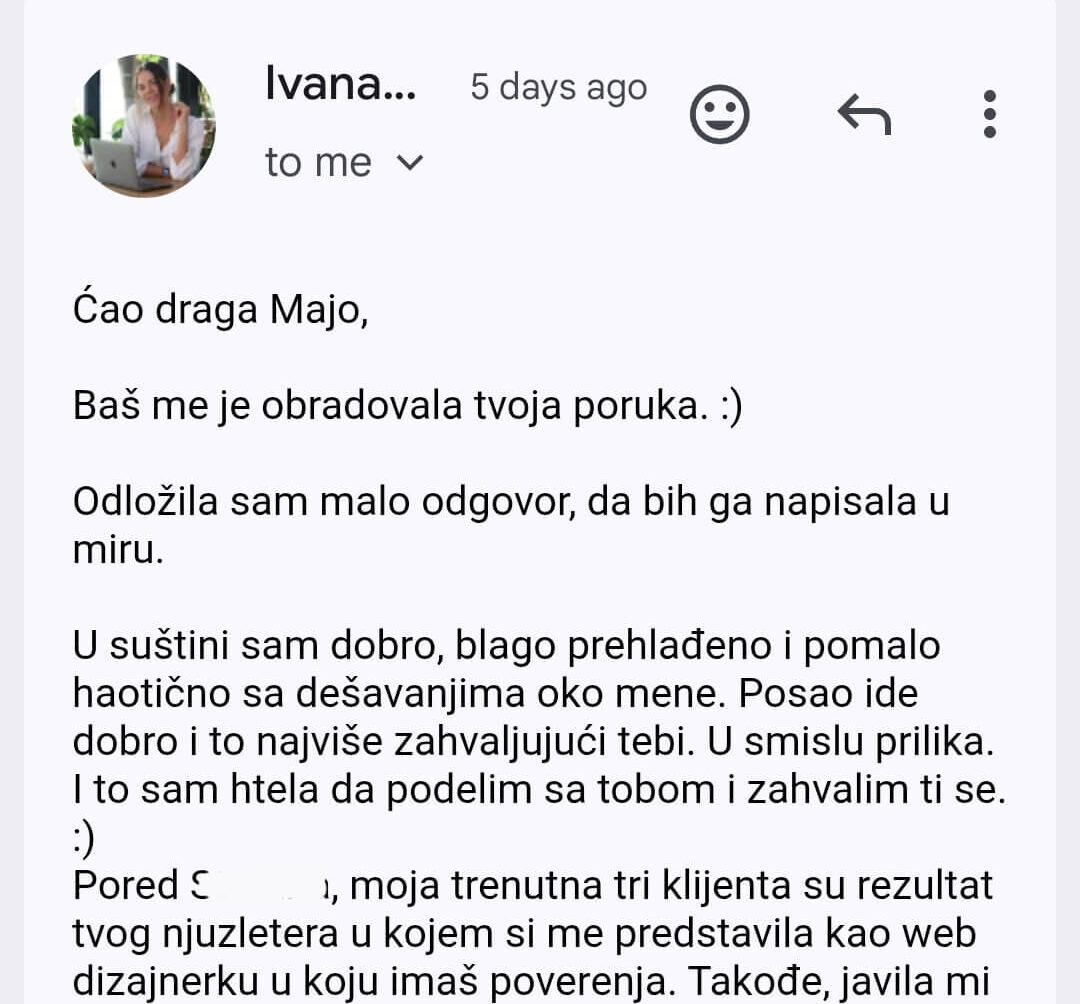 Screenshot imejla u kojem polaznica Ivana potvrđuje da je dobila tri klijenta zahvaljujući preporuci Maje Vučković