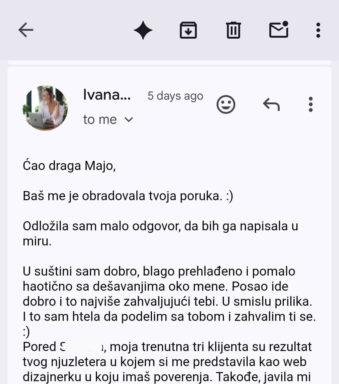 Screenshot imejla u kojem polaznica Ivana potvrđuje da je dobila tri klijenta zahvaljujući preporuci Maje Vučković